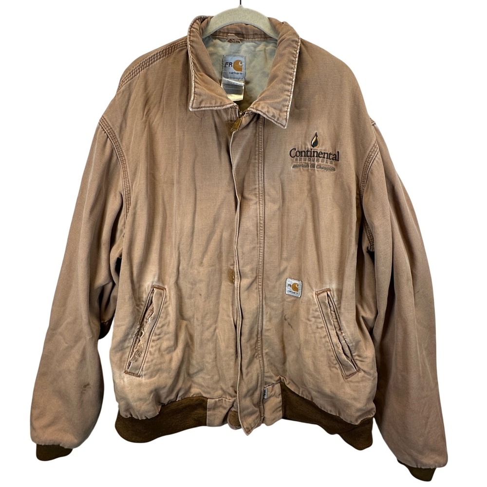 Carhartt FR FRJ020 BRN Brown Duck Canvas Bomber Jacket Mens XL Distressed
